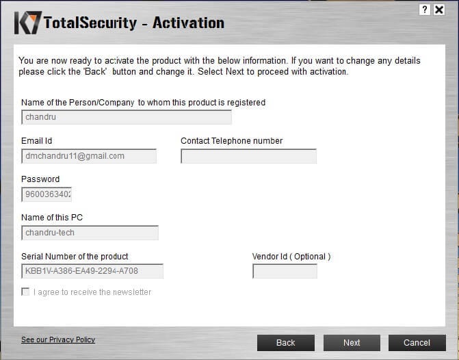 K7 Total Security 2017 Email ID and Serial Number